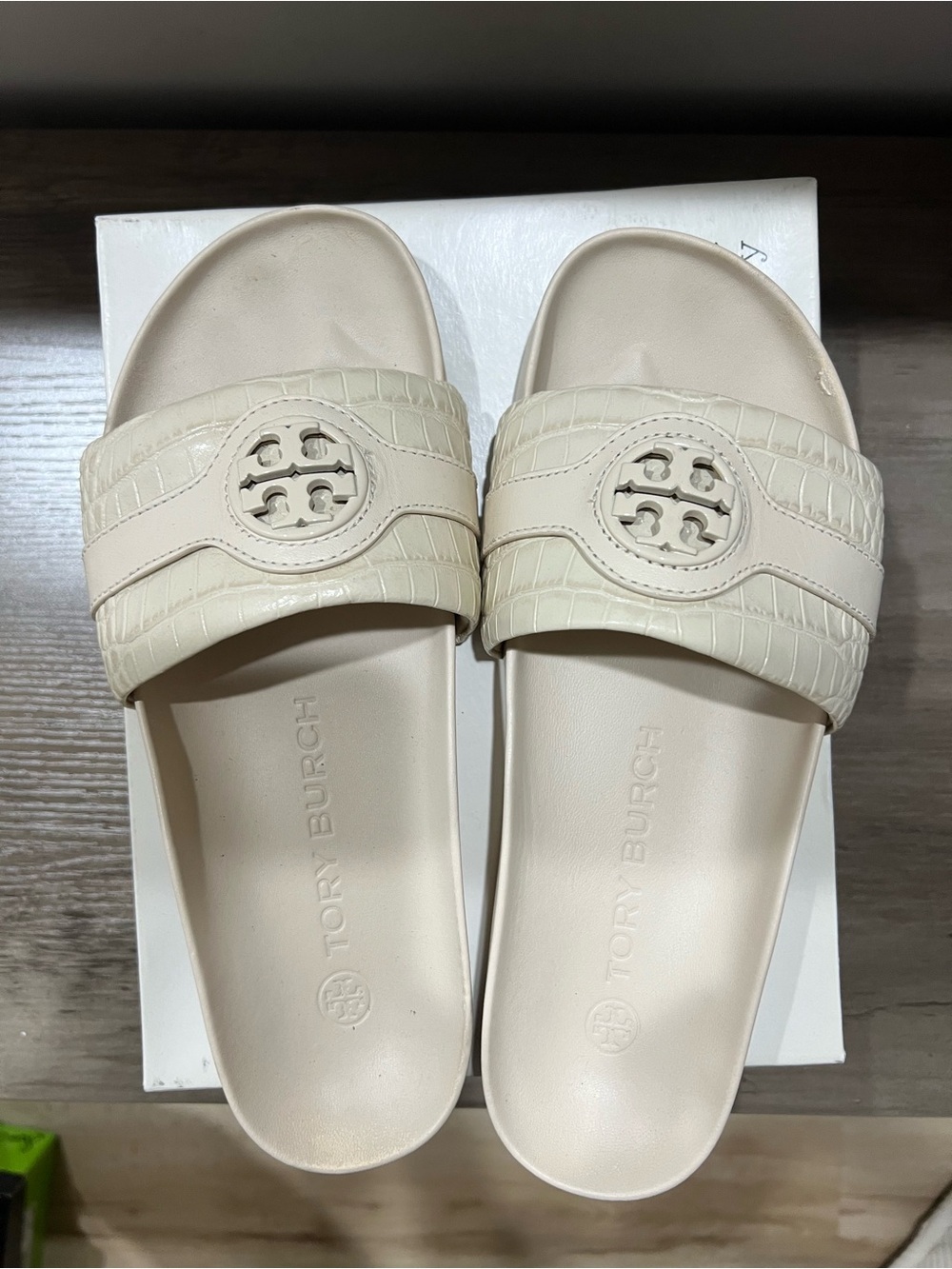 Tory Burch Ivory Croc-Embossed Slide Sandals with Logo Medallion
